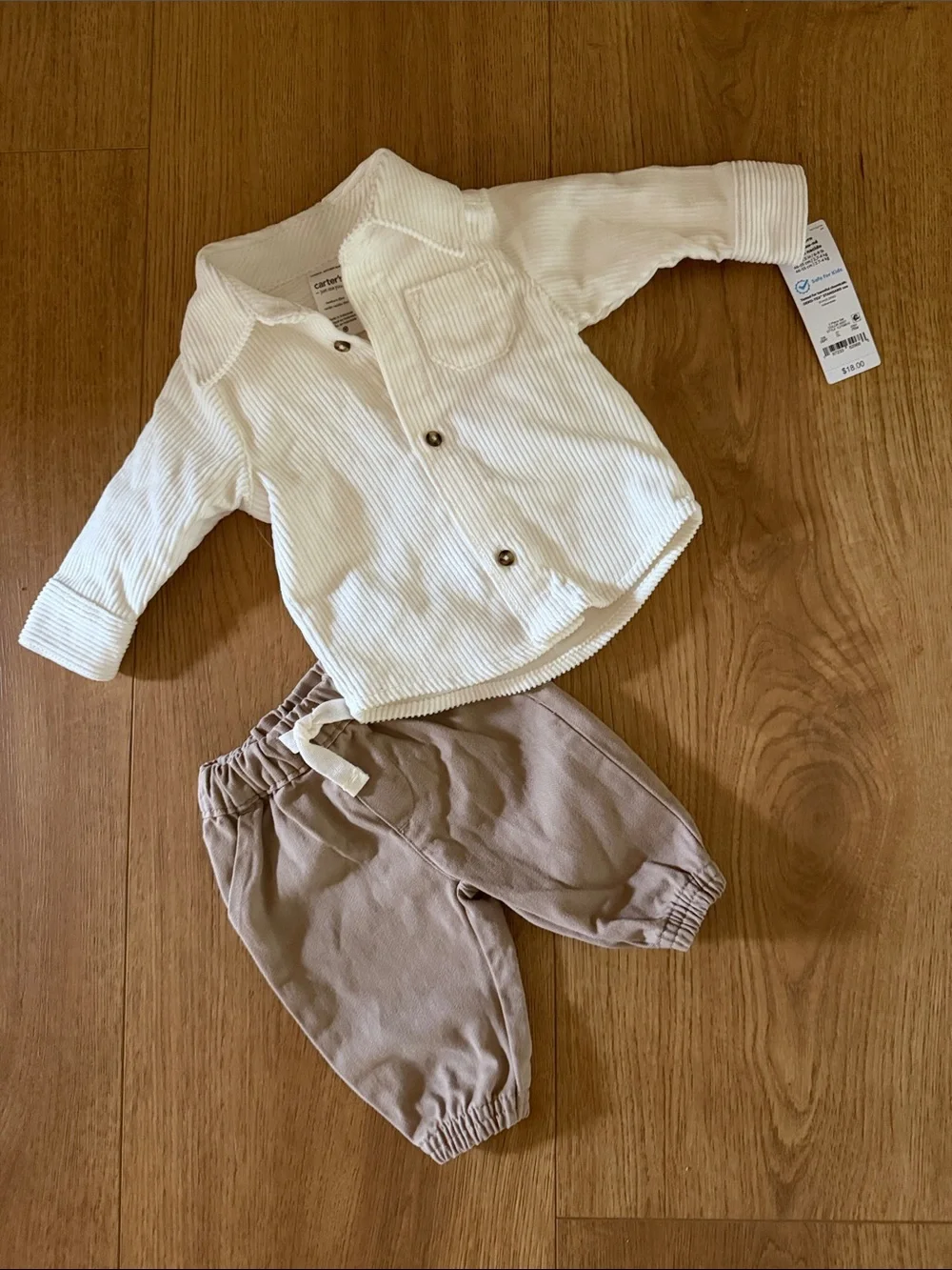 Carter's Cream Long-Sleeve Button Shirt with Tan Pants - Newborn Matching Set